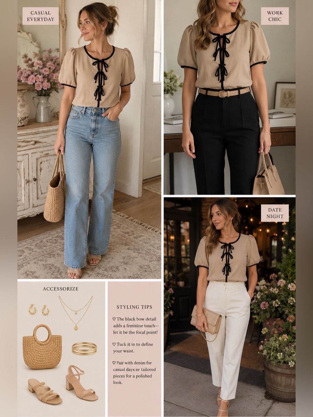 Elegant Beige Puff Sleeve Top with Black bow Accents